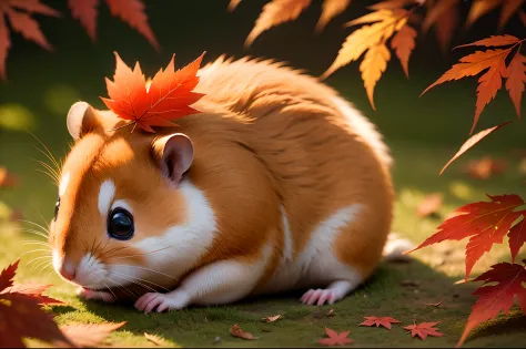 Close up of a hamster resting over reddish maple leaves, shift-tilt effect, highly detailed, illuminated by soft natural light.
