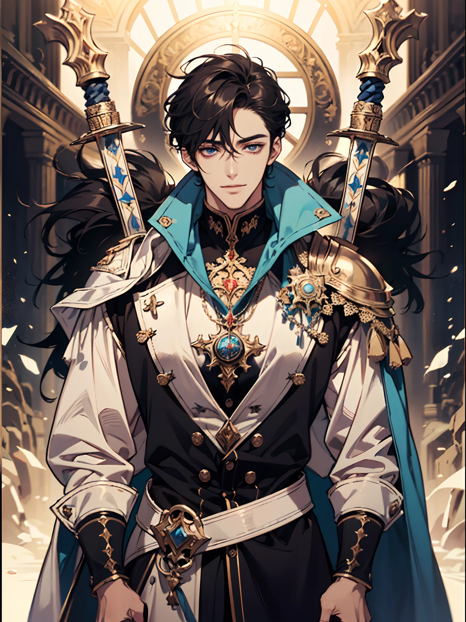 (absurderes, A high resolution, Ultra detailed), 1 male, Adult, Handsome, tall muscular guy, Broad shoulders, finely detailed eyes and detailed face, Knights \tarot\, royal knights, Armor, sword, Symbolism, visual art, occult, universal, Visual projection, Philosophy, Iconography, Numerology, popularity, Alfonse Mucha, Smile, Artistic