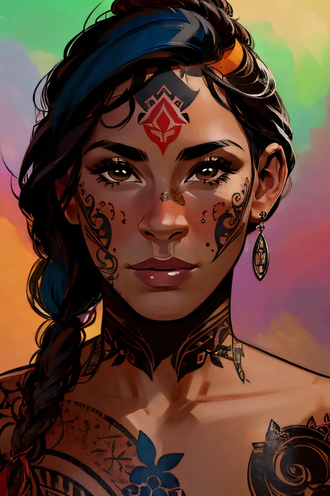 ((masterpiece)), portrait, woman, mauri, tribal, mauri tattoos, facing camera