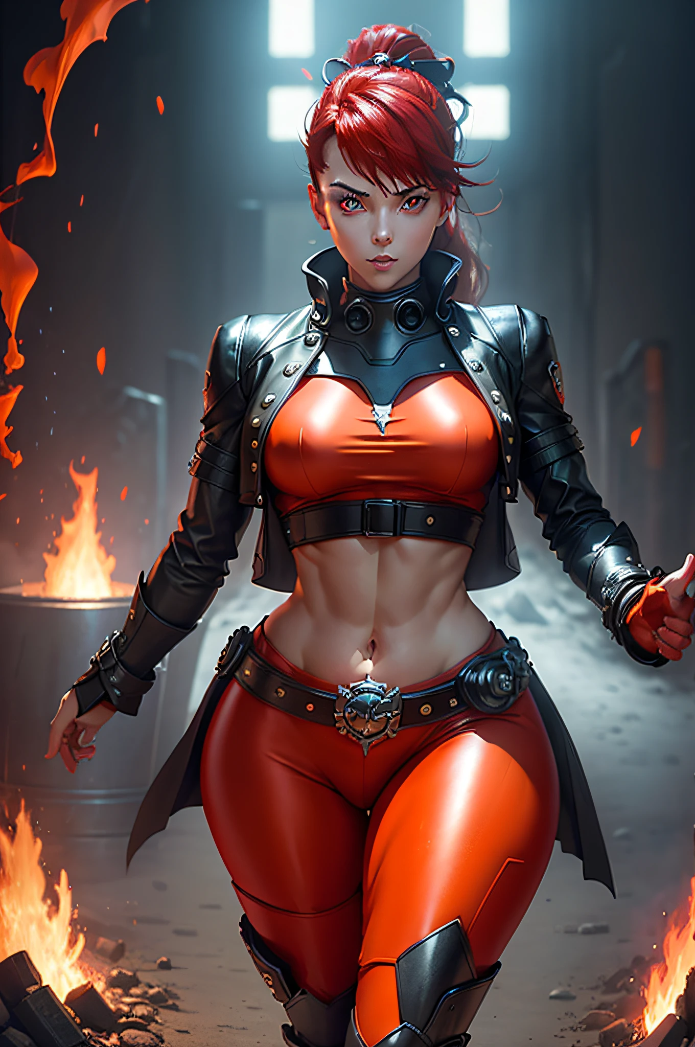 Full-body cybernetic girl with a ponytail. Bright red color to show that she is a cybernetic girl. Roupas como tomb raider, mas com saia. She also has blue eyes. The environment is like a terminator. hair is black. She is illuminated with the bright red color on one side of her face. Conduzido como.  And both hands also have the led light, fire goddess, (glowing red eyes), extremely detailed face, beautiful detailed eyes, defined jawline, (perfect anatomy), wearing red armor, midriff, textured skin, hot lighting, flames, embers, measures 70-40-95, beautiful figure, confidant, wearing black leggins, big legs, highly voluptuous thighs, wears a black coat, fire powers, fire hero, big ass, solo girl, thick legs,