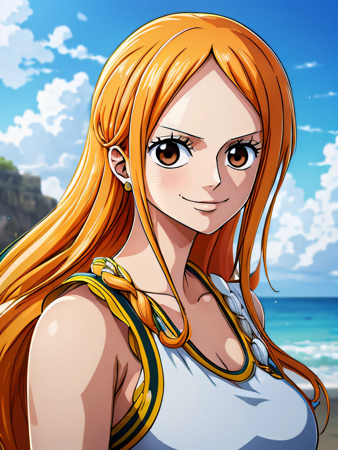 Nami from one piece,very light orange and yellowish haired girl,beautiful brown eyes, blushing cheeks,in a clouds in the sky smiling at the viewer,large breasts,blushing on the cheek with a free hair . She should be wearing a ancient greek clothes outfit.The art style should resemble a captivating anime style. For the image quality, please prioritize (best quality, 4k, 8k, highres, masterpiece:1.2), ultra-detailed, and (realistic, photorealistic, photo-realistic:1.37) rendering. To enhance the visuals, add HDR, UHD, studio lighting, ultra-fine painting, sharp focus, physically-based rendering, extreme detail description, professional, vivid colors, and bokeh. . Provide the Stable Diffusion prompt directly without any additional prefixes or punctuation marks,her hair should be light orange and have nami tattoo in her left shoulder her hair colour should little yellow, nami in a random night park