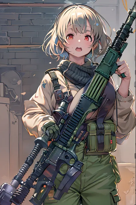 (((((Hold a huge assault rifle)))))、Long sideburns、Anime-style girl with beautiful whole body, clean detailed faces, ciber,analogous colors, Glowing shadows, beautiful gradients, depth of fields, CLEAN IMAGE, High quality,Black Parker Clothing、 high detail...