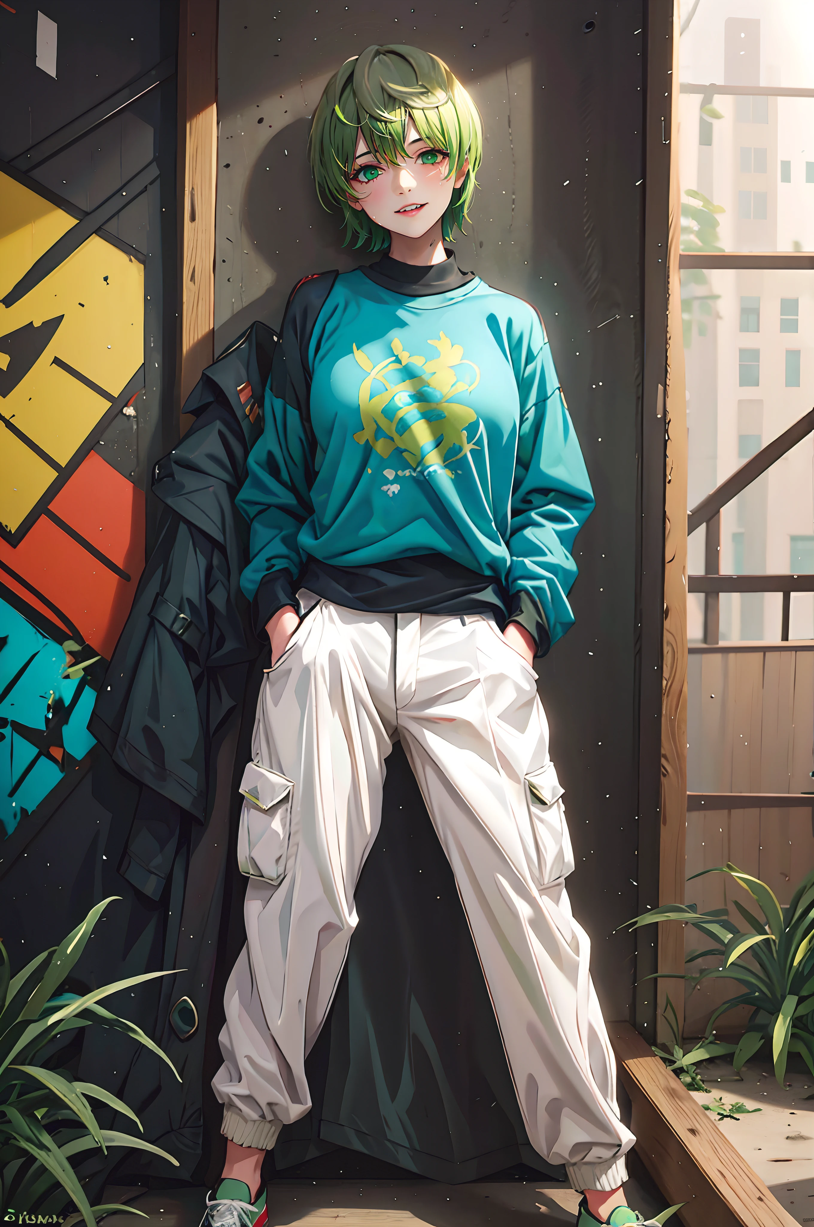 tenka izumo, (short hair, green hair:1.6), green eyes, multicolored hair, sweating, glowing eyes, heavy breathing, 1girl, shoes, hands_in_pockets, full_body, sneakers, solo, pants, graffiti, looking_at_viewer, standing, nike, hand_in_pocket, alternate_costume, glow effects, godrays, Hand drawn, render, 8k, octane render, cinema 4d, blender, dark, atmospheric 4k ultra detailed, cinematic, Sharp focus, big depth of field, Masterpiece, colors, 3d octane render, 4k, concept art, trending on artstation, hyperrealistic, Vivid colors, extremely detailed CG unity 8k wallpaper, trending on CGSociety, Intricate, High Detail, dramatic,