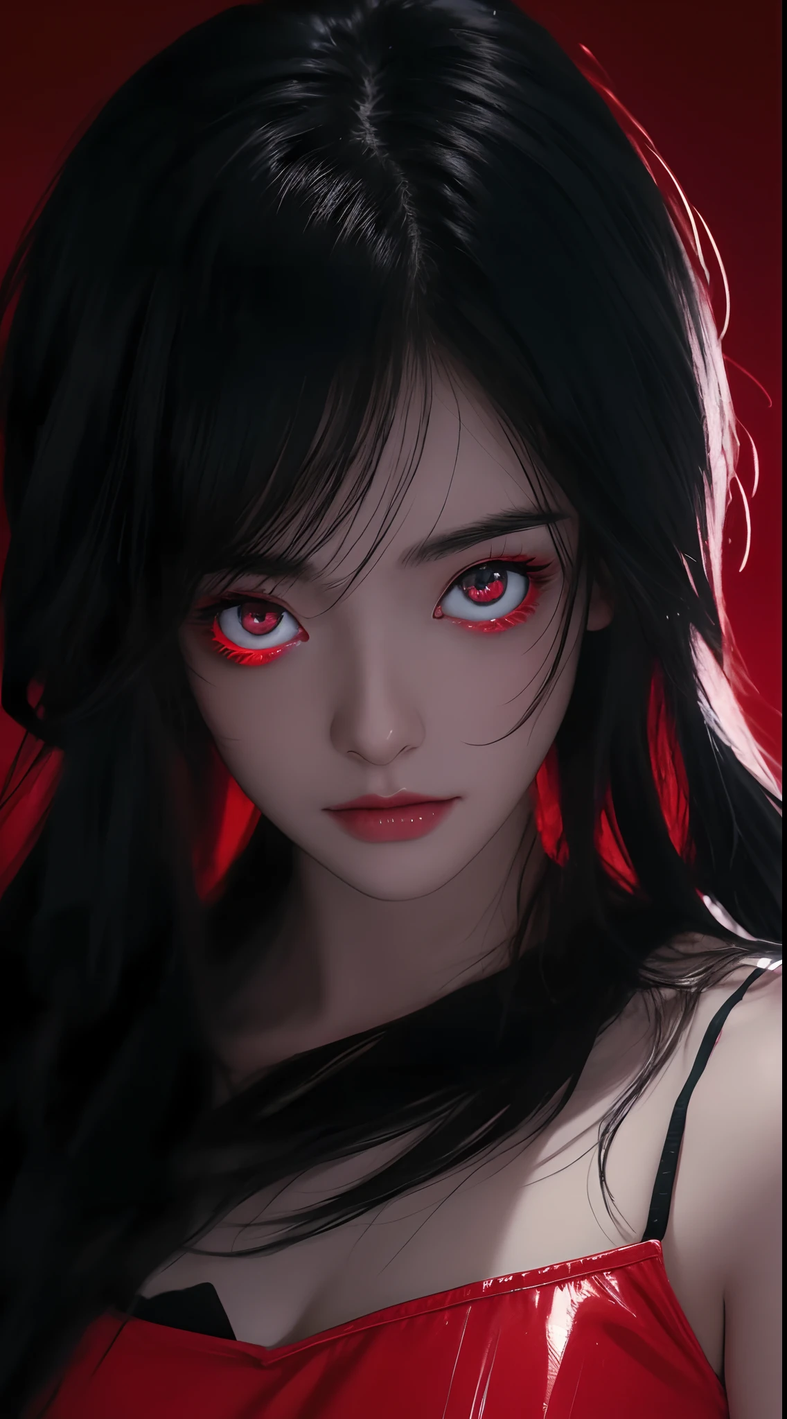 anime girl with red eyes and black hair in a dark room, anime style 4 k, with red glowing eyes, with glowing red eyes, anime art wallpaper 8 k, anime art wallpaper 4k, anime art wallpaper 4 k, anime cyberpunk art, ilya kuvshinov. 4 k, digital cyberpunk anime art, anime style. 8k, red - eyed