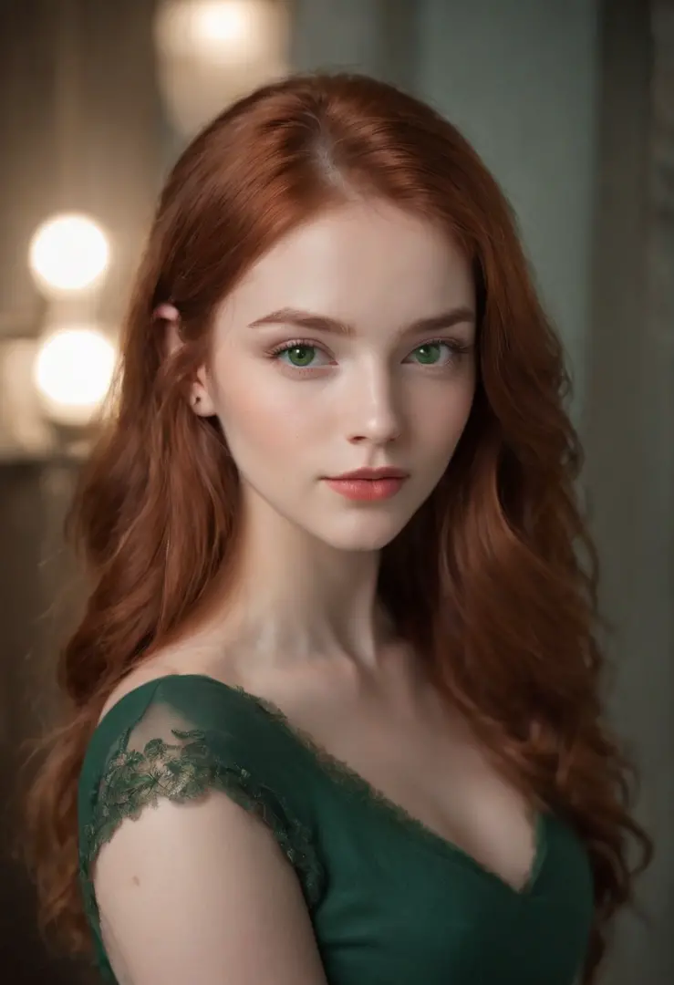 fair complexion, woman around 19 years old, natural red hair, distinctive green eyes,  slender and graceful, beautiful, candlelight setting, ultra sharp focus, realistic shot, female Mini skirt clothes, tetradic colors (scar:1.4)