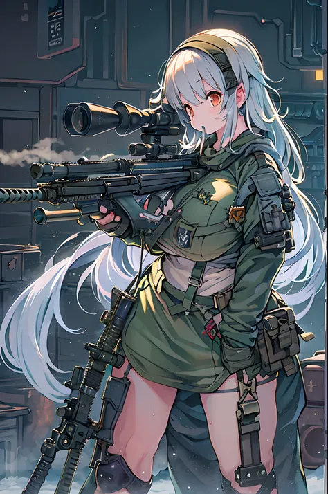 Hold a huge assault rifle)))))、Long sideburns、Anime-style girl with ...