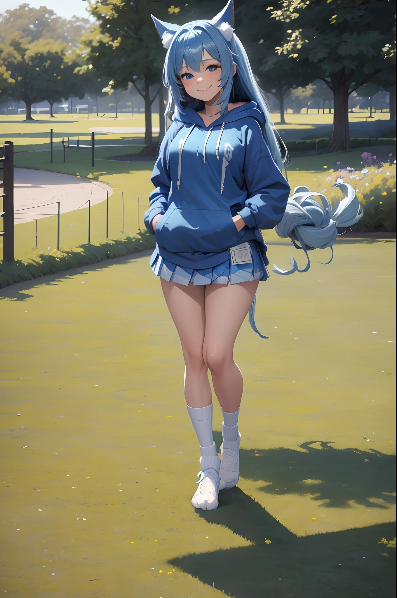 (Masterpiece) (High Detail) (High Res) A small petite humanoid girl with long blue hair, blue dog ears and a fluffy dog tail, is stood in the middle of a park. Stood up. Full body reference image. white socks, blue hoodie, pleated skirt. png, blank background, smiling.