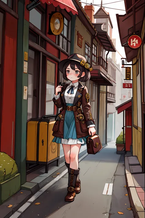 masterpiece,best quality,1girl, A girl in modern clothes walks and scrutinizes the steampunk city around her