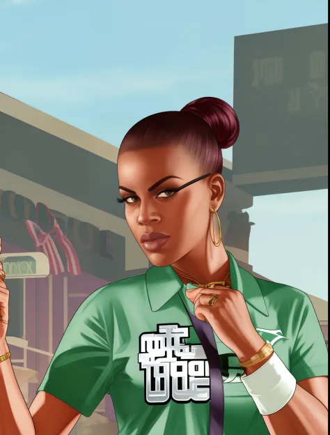 gta v style of Grove Street Families female er wearing green baggy hip-hop style clothing,1992, in South Los Santos