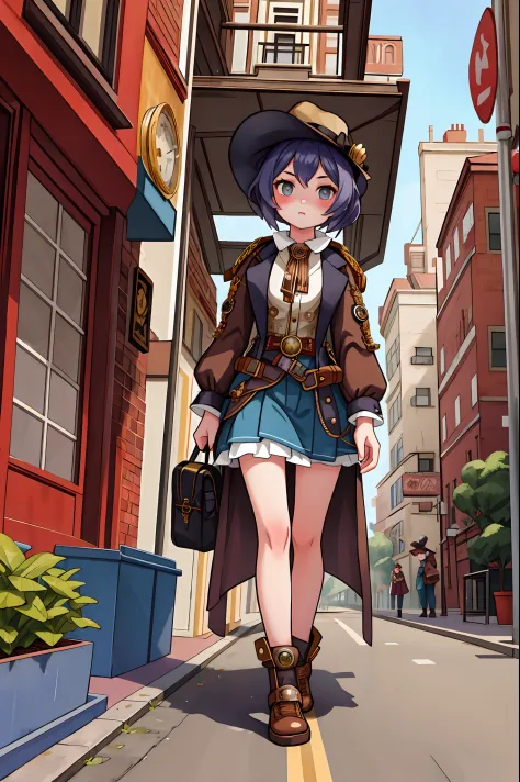 masterpiece,best quality,1girl, A girl in modern clothes walks and scrutinizes the steampunk city around her