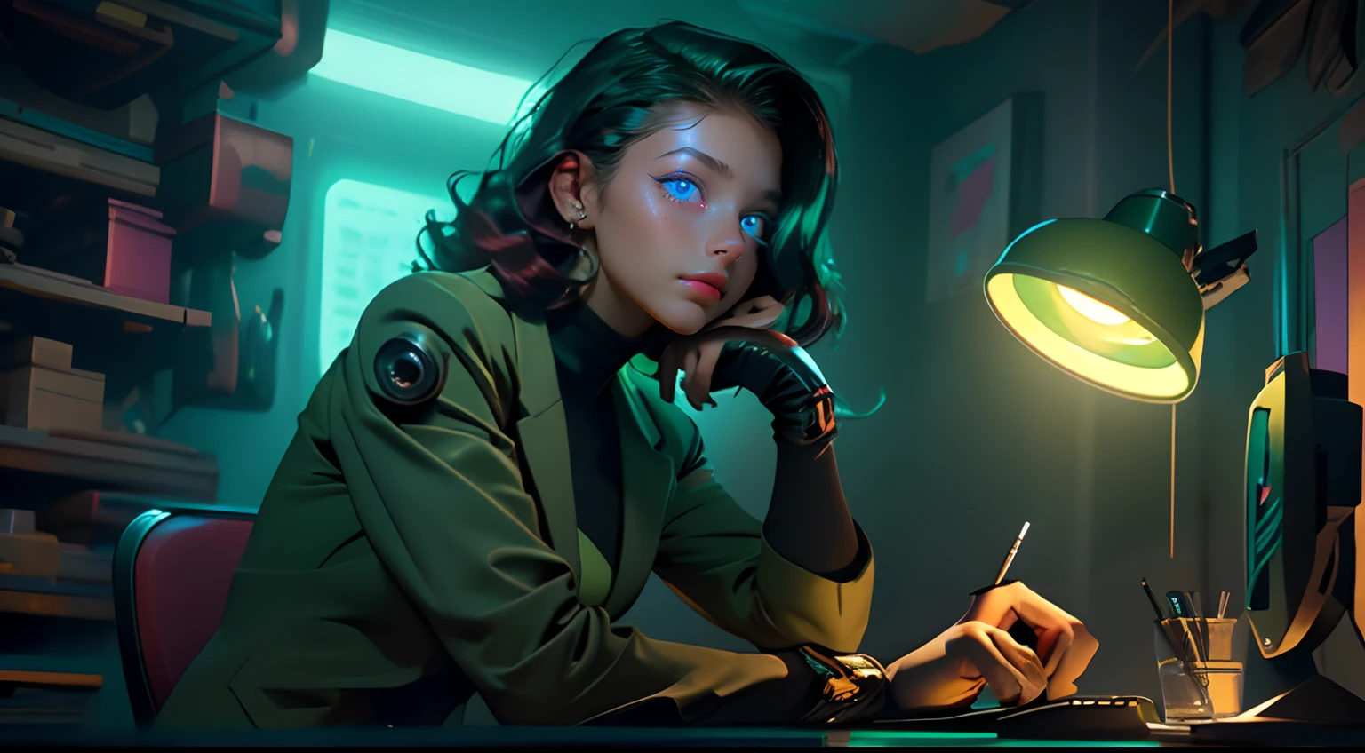 high resolution images, Cinematic lighting, cinematic texture, Cowboy Shot, Look at the viewer, Shoot head-on, (17-year-old woman in a dark green suit reminiscent of 1950s film noir:1.5), hyperdetailed face, Beautiful face, kawaii faces, Red hair, Wearing cyber headgear, short and wavy hair, Dark blue eyes, Big eyes, small nose, thin lips, peaceful face, shiny eyes, Hands on the table, sitting on, Holding a piece of paper in her hand, Deep and wide々And inside the cyberpunk room, Scattered stationery and cluttered desks, Retro small monitor on a table that emits light, Intense light from behind creates streaks of light, Backlit hair, Positive reflection illuminating her face, There is a large window in the background, Cyberpunk in the background