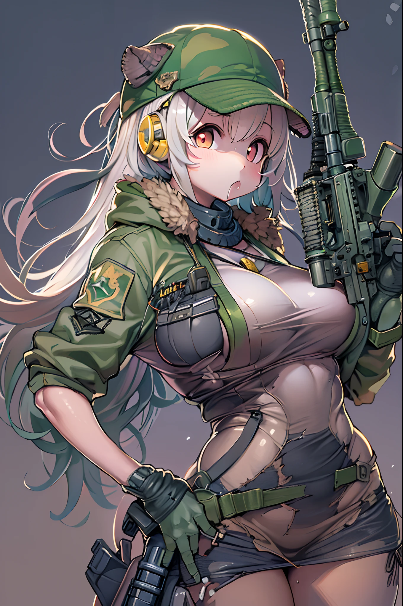 (((((Hold a huge assault rifle)))))、Long sideburns、Anime-style girl with beautiful whole body, clean detailed faces, ciber,analogous colors, Glowing shadows, beautiful gradients, depth of fields, CLEAN IMAGE, High quality,Black Parker Closing、 high detailing, High Definition, blush, Fit, Heavenly Beauty, Very detailed,Smoking,((assault rifle))、sniper、Sniper rifle lance with a thin and long barrel、huge-breasted、