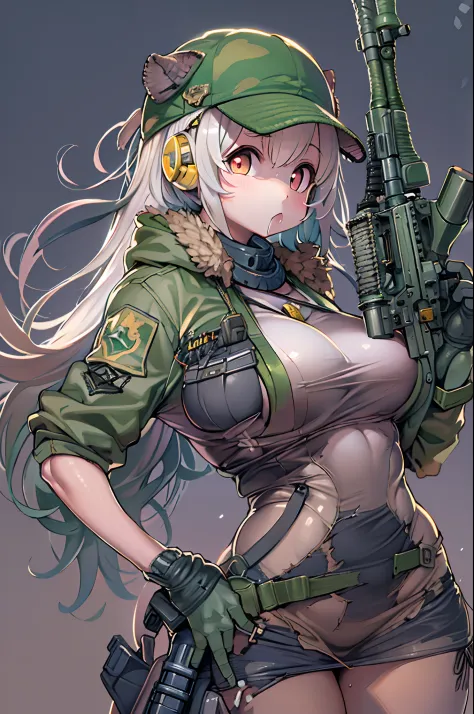 (((((Hold a huge assault rifle)))))、Long sideburns、Anime-style girl with beautiful whole body, clean detailed faces, ciber,analogous colors, Glowing shadows, beautiful gradients, depth of fields, CLEAN IMAGE, High quality,Black Parker Closing、 high detaili...