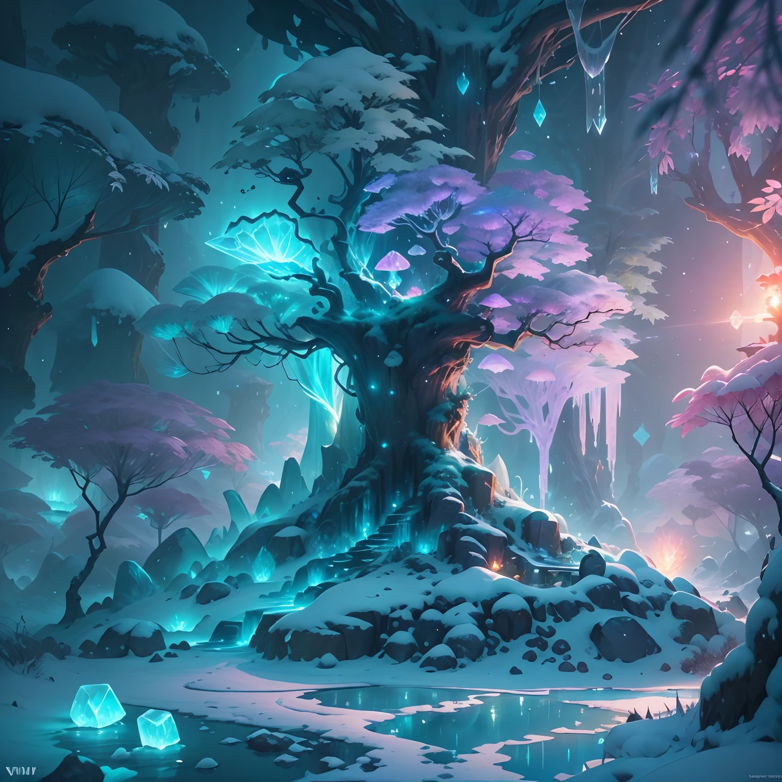 Fantastic snow and ice jungle，Many scattered crystal trees，Beautiful transparent flowers,Shine in the center，fanciful，Starskrim，cleanness，glimmering、Shines、magnifica、Verdant、Light、with light glowing，Magic pictures, dramatic  lighting, Foto realism, The ultra-detailliert, 4K, depth of fields, A high resolution，Glowing crystals illuminate the snow and ice，Natural elements in the forest theme，Colorful snow and ice jungle，Epic fantasy art style，Delicate leaves and branches are surrounded by fireflies（nature elements），（Jungle theme），（Foliage），（tree branch），（glowworm），（Particle effect）and other 3D， Octane rendering，Ray traching，Super meticulous，Depicting the harmony between man and nature, Epic fantasy art style, Epic fantasy art style HD, Epic fantasy digital art style, by Yang J, trending on artstation pixiv, Anime fantasy illustration, Beautiful ancient frost, Arte conceitual de inverno,