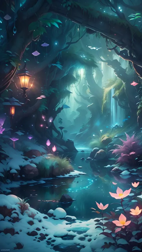 Fantastic snow and ice jungle，Many scattered crystal trees、Accessories、Shine in the center，Beautiful transparent flower fairy, Transparent colorful wings, The wand flutters in the wind､The wand flashed with starlight，Golden wand，transparent feathers，fancif...
