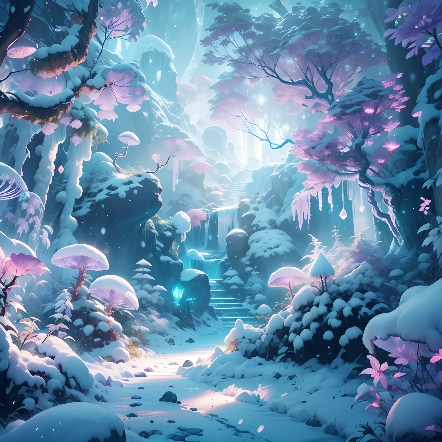 Fantastic snow and ice jungle，Many scattered crystal trees、Accessories、Shine in the center
fantasy、Starskrim、cleanness、
glimmering、Shineagnifica、Verdant、Light、luminous
Magic pictures, dramatic  lighting, Foto realism, The ultra-detailliert, 4K, depth of fields, A high resolution