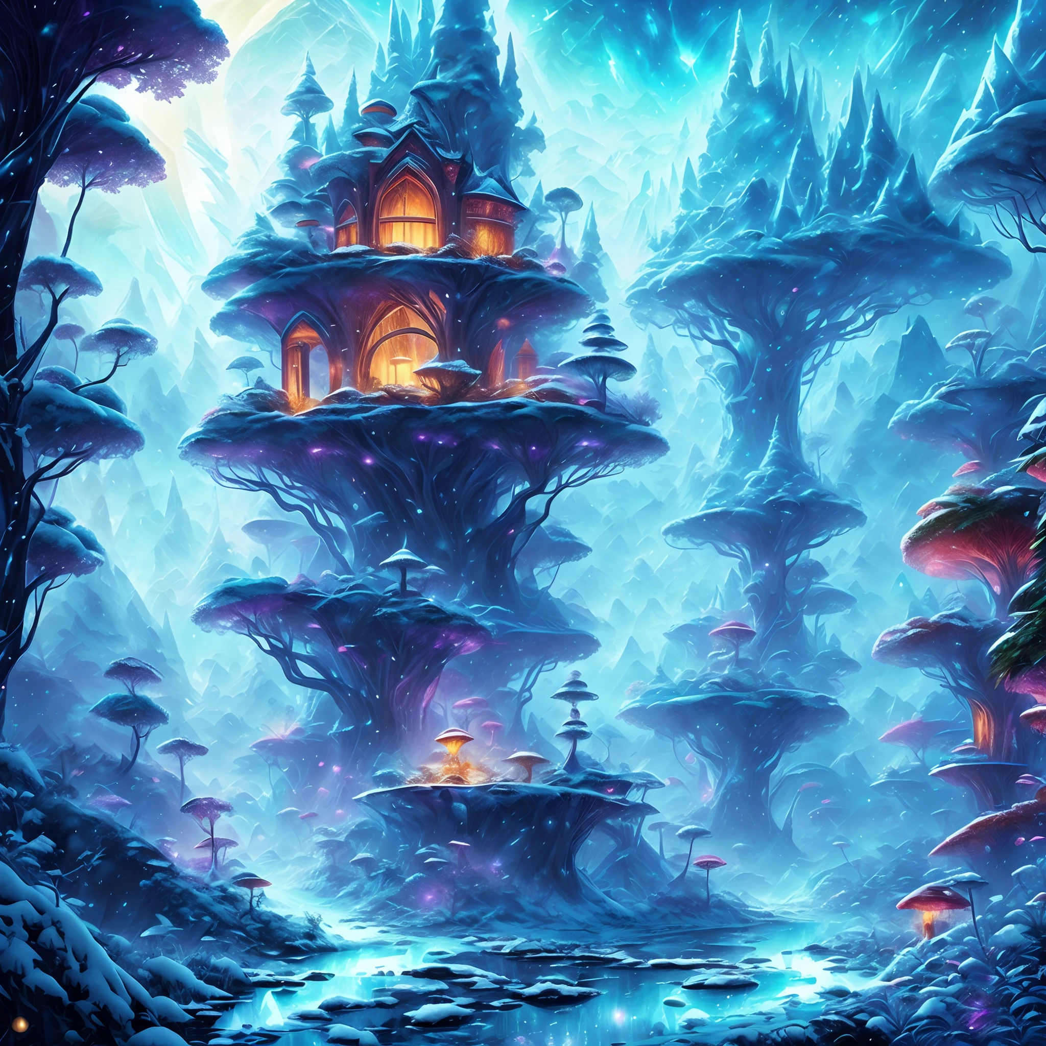 tmasterpiece，Best quality at best，high high quality，extremely detaile，8K，Fantastic snow and ice jungle，Colorful ice magic，glowing sprites，Glowing crystals illuminate the ice and snow，Natural elements in the forest theme，Colorful snow and ice jungle，Epic fantasy art style，Delicate leaves and branches are surrounded by fireflies（nature elements），（Jungle theme），（Foliage），（tree branch），（glowworm），（Particle effect）and other 3D， Octane rendering，Ray traching，Super meticulous，Depicting the harmony between man and nature, Epic fantasy art style, Epic fantasy art style HD, Epic fantasy digital art style, by Yang J, trending on artstation pixiv, Anime fantasy illustration, Beautiful ancient frost, Arte conceitual de inverno,