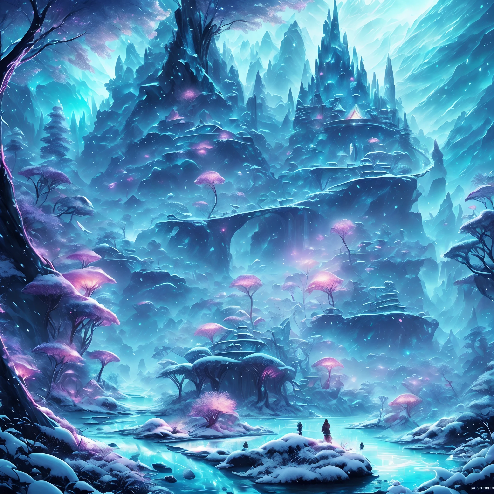 tmasterpiece，Best quality at best，high high quality，extremely detaile，8K，Fantastic snow and ice jungle，Colorful ice magic，glowing sprites，Glowing crystals illuminate the ice and snow，Natural elements in the forest theme，Colorful snow and ice jungle，Epic fantasy art style，Delicate leaves and branches are surrounded by fireflies（nature elements），（Jungle theme），（Foliage），（tree branch），（glowworm），（Particle effect）and other 3D， Octane rendering，Ray traching，Super meticulous，Depicting the harmony between man and nature, Epic fantasy art style, Epic fantasy art style HD, Epic fantasy digital art style, by Yang J, trending on artstation pixiv, Anime fantasy illustration, Beautiful ancient frost, Arte conceitual de inverno,