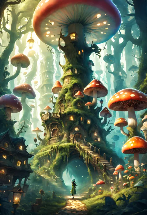 A fantasy scene set in a enchanted forest city with magical atmosphere and populated by mystical creatures like fairies, elves, and tree spirits. The city is built among towering trees, with glowing lanterns illuminating the streets and buildings. The fore...