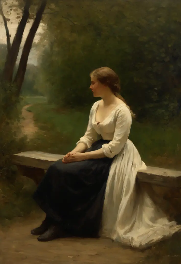 Painting of a Woman, Sitting on a bench in a wooded area, Eine junge Frau, Classical oil painting, von Jean Baptiste Camille Corot, young woman, Mihaly Munkacsy, inspired by Adolf Hirémy-Hirschl, William - Adolphe Bouguerea, junges Weibchen, Kizi, junge fr...