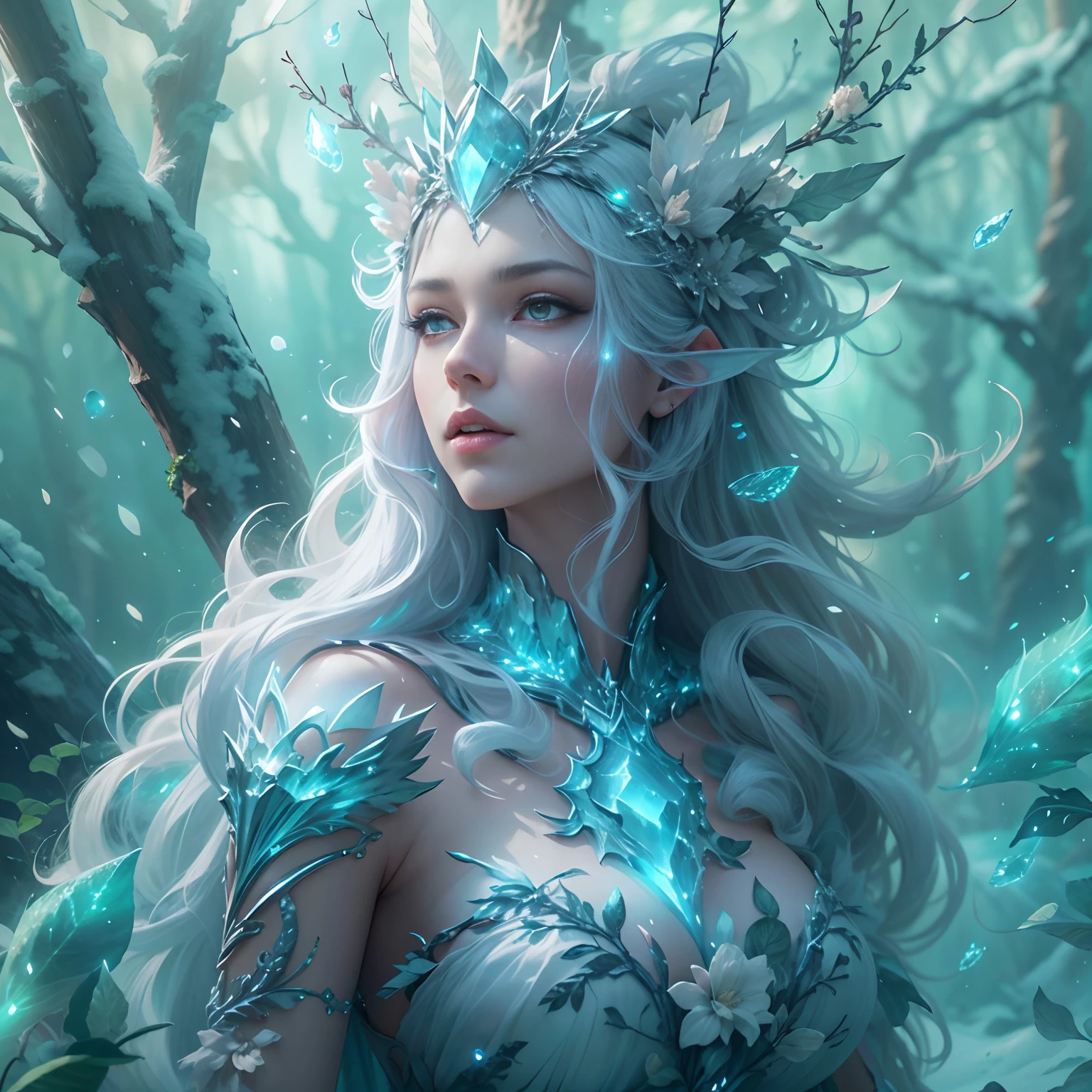 tmasterpiece，Best quality at best，high high quality，extremely detaile，8K，Fantastic snow and ice jungle， queen of ice and storm, goddess of winter，Colorful ice magic，glowing sprites，Natural elements in the forest theme，Colorful snow and ice jungle，Epic fantasy art style，Delicate leaves and branches are surrounded by fireflies（nature elements），（Jungle theme），（Foliage），（tree branch），（glowworm），（Particle effect）and other 3D， Octane rendering，Ray traching，Super meticulous，Depicting the harmony between man and nature, Epic fantasy art style, Epic fantasy art style HD, Epic fantasy digital art style, by Yang J, trending on artstation pixiv, Winter queen, Anime fantasy illustration, beautiful ancient frost witch, Arte conceitual de inverno, ice sorceress