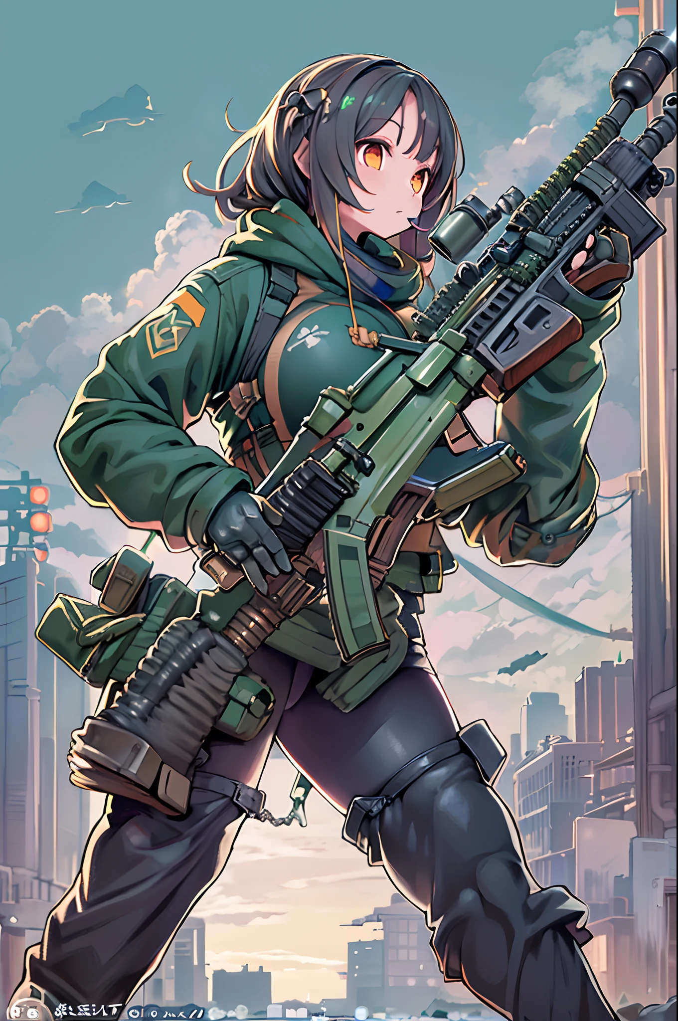 (((((Hold a huge assault rifle)))))、Long sideburns、Anime-style girl with beautiful whole body, clean detailed faces, ciber,analogous colors, Glowing shadows, beautiful gradients, depth of fields, CLEAN IMAGE, High quality,Black Parker Clothing、 high detailing, High Definition, blush, Fit, Heavenly Beauty, Very detailed,Smoking,((assault rifle))、sniper、Sniper rifle lance with a thin and long barrel、huge-breasted