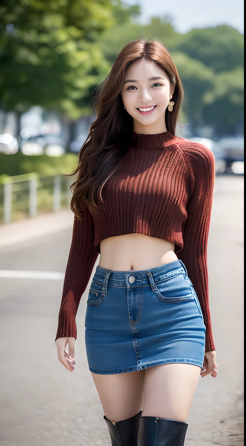 8K, masutepiece, Raw foto, Best Quality, Photorealistic, Wallpapers with extreme details CG Unity 8K, depth of fields, Cinematic Light, lensflare, Ray traching, (Extremely beautiful face, Beautiful lips, beautidful eyes), intricate detail face, ((Ultra Detail Skin)) 1girl in, (Korean model Kim Daun, Dhoni), (Korean model Kim Daun, Dhoni), (Korean model Kim Daun, Dhoni), (Korean model Kim Daun, Dhoni), (Korean model Kim Daun, Dhoni),1 girl, ((look up at viewer)),(huge smile:1.3), (blured background), A glimmer of light), (No people in the background.:1.3), Beautiful earrings, Clear eyes, Front shot, (pale-skinned), (Big eyes), (Big eyes) (Big eyes), (Big eyes), (Big eyes), Facing forward, (Full body shot), (ligh brown hair), Open the navel............, (look up at viewer:1.3), small hips, small hips,small hips, a slender waist, small hips, ((wide open abdomen))、((open abdomen))、((wide open navel))、((open navel))、((Bare belly))、((Mid-Riff Sweater))、((Ultra-low rise、Denim Mini Skirt))、 ((Navel Ejection))、((small hips))、((Full body depiction))、((small  hip))、(boots)、((Ultra-low rise))、 ((Denim Mini Skirt))、((is standing))、