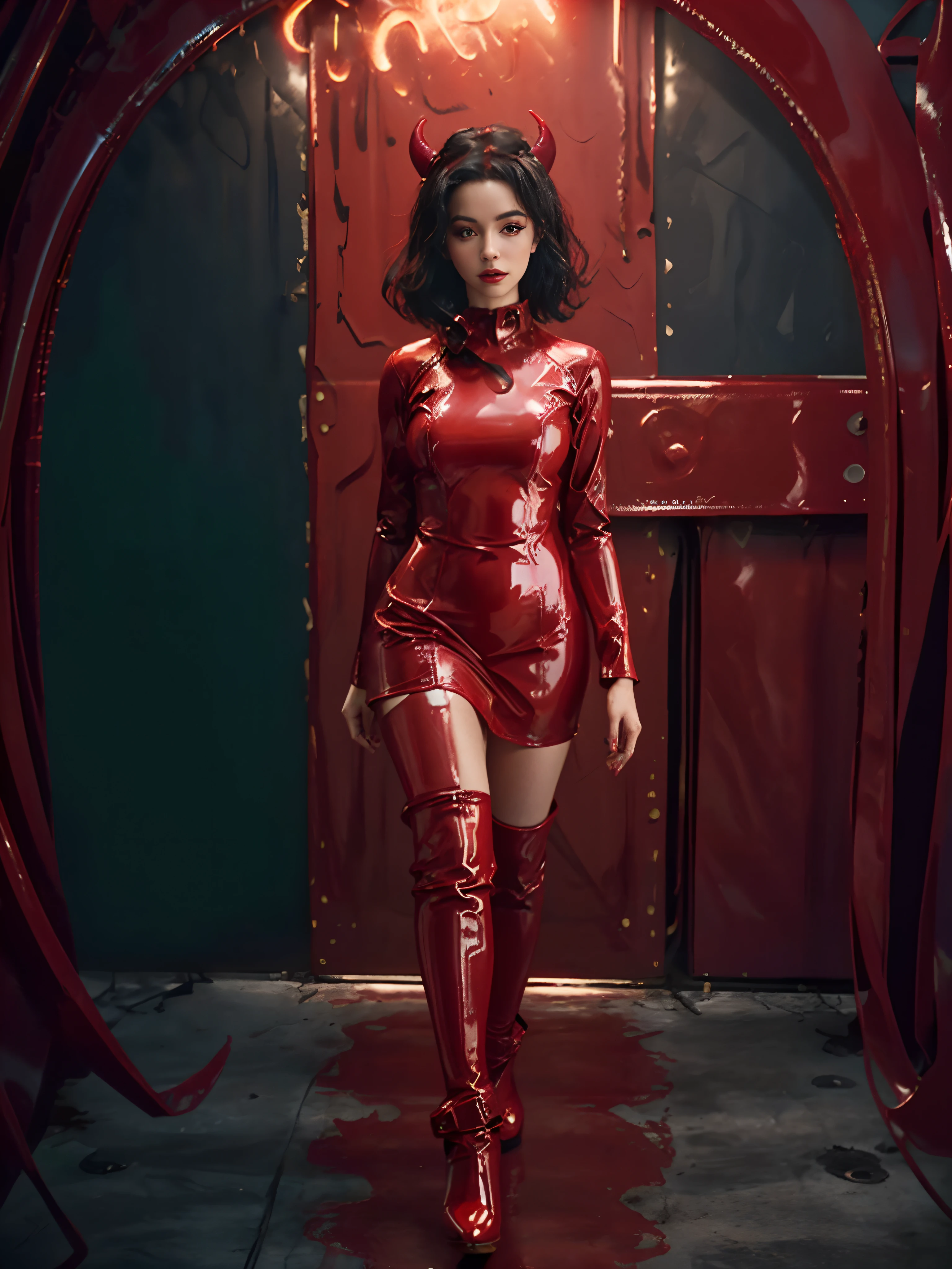 A woman in a red latex outfit standing in a doorway - SeaArt AI