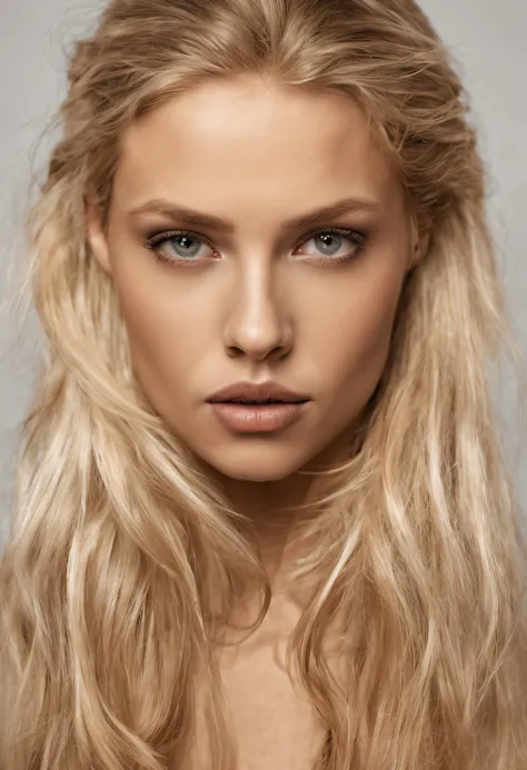 Photographie  d'une belle fille, corp entier, porte rien, se pencher, longs cheveux blonds fluides, Grand buste, locks eyes in the camera, eyeshadow, eyes symmetrical, symmetrical face, photo ultraréaliste, photographie, Path layout, specular lighting, Volumetric facial light, Hair path, Ombres visibles, complexe, elaborate, blank background