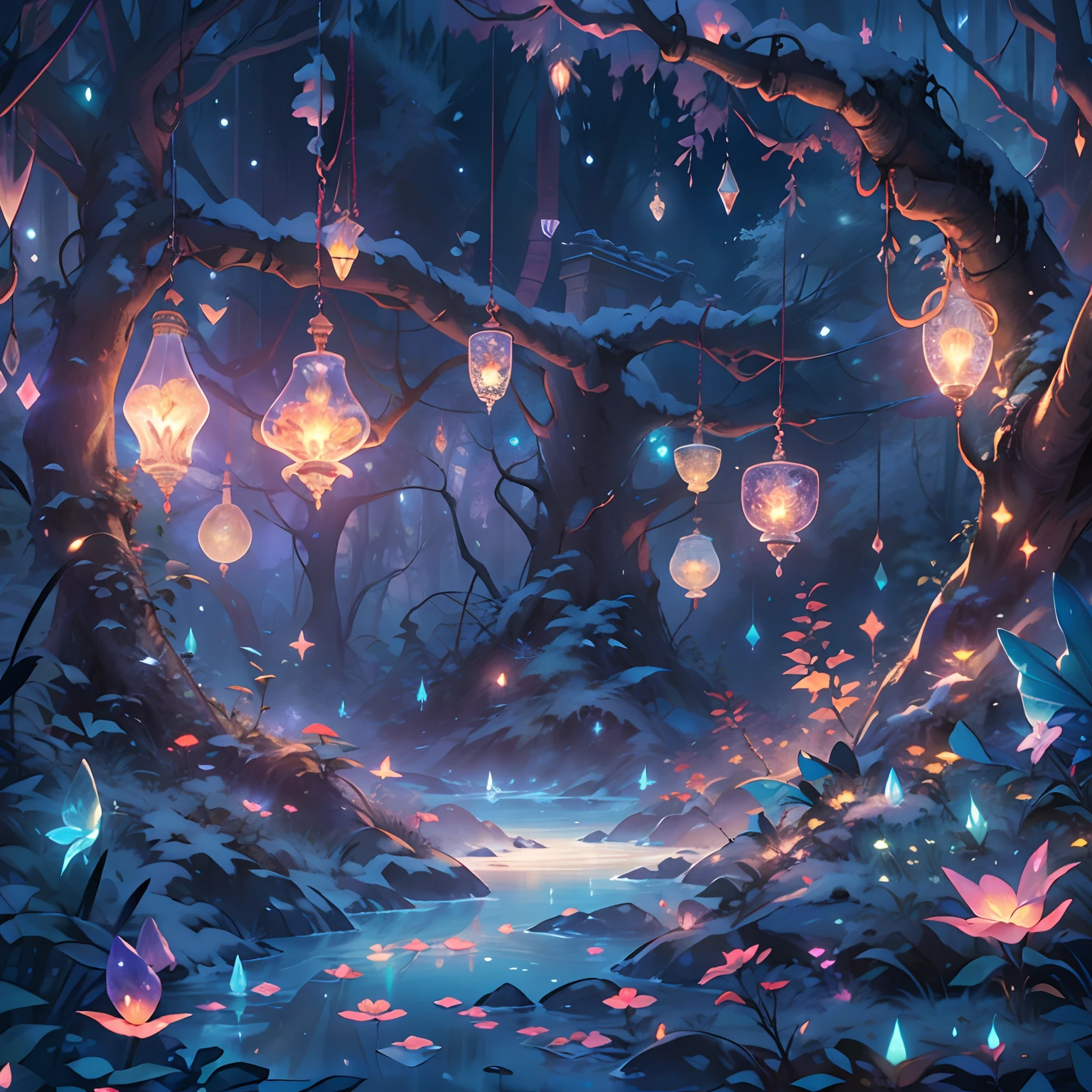 夢幻般的冰雪叢林，許多散落的水晶樹、闪闪发光的紫水晶照亮了冰雪、閃耀在中心，美麗的透明花朵, 透明彩色蝴蝶, 魔杖在風中飄揚､水晶闪耀着星光，金魔杖，透明羽毛，奇特的、紅蜘蛛、清潔、微光、希内尼菲卡、蔥蘢、光、发光，魔法圖片,精緻的樹葉和樹枝被螢火蟲包圍（自然元素），（丛林主题），（叶子），（樹枝），（萤火虫），（粒子效果），傑作, 超詳細, 史詩作品, 最好的品質, 8K，史詩浪漫幻想數位藝術，史詩般的童話奇幻數位藝術，神話奇幻，傑作，高品質，8K，超高清解析度，詳細細部圖，現實地，很現實，電影燈光,获奖照片,色彩豐富，超寫實寫實質感，戏剧灯光