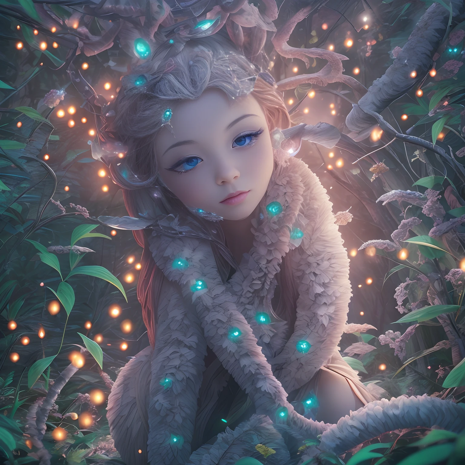 tmasterpiece，Best quality at best，high high quality，extremely detaile，8K，Fantastic snow and ice jungle，ice witch，Colorful ice magic，glowing sprites，Natural elements in the forest theme，Colorful snow and ice jungle，Epic fantasy art style，Delicate leaves and branches are surrounded by fireflies（nature elements），（Jungle theme），（Foliage），（tree branch），（glowworm），（Particle effect）and other 3D， Octane rendering，Ray traching，Super meticulous，Depicting the harmony between man and nature