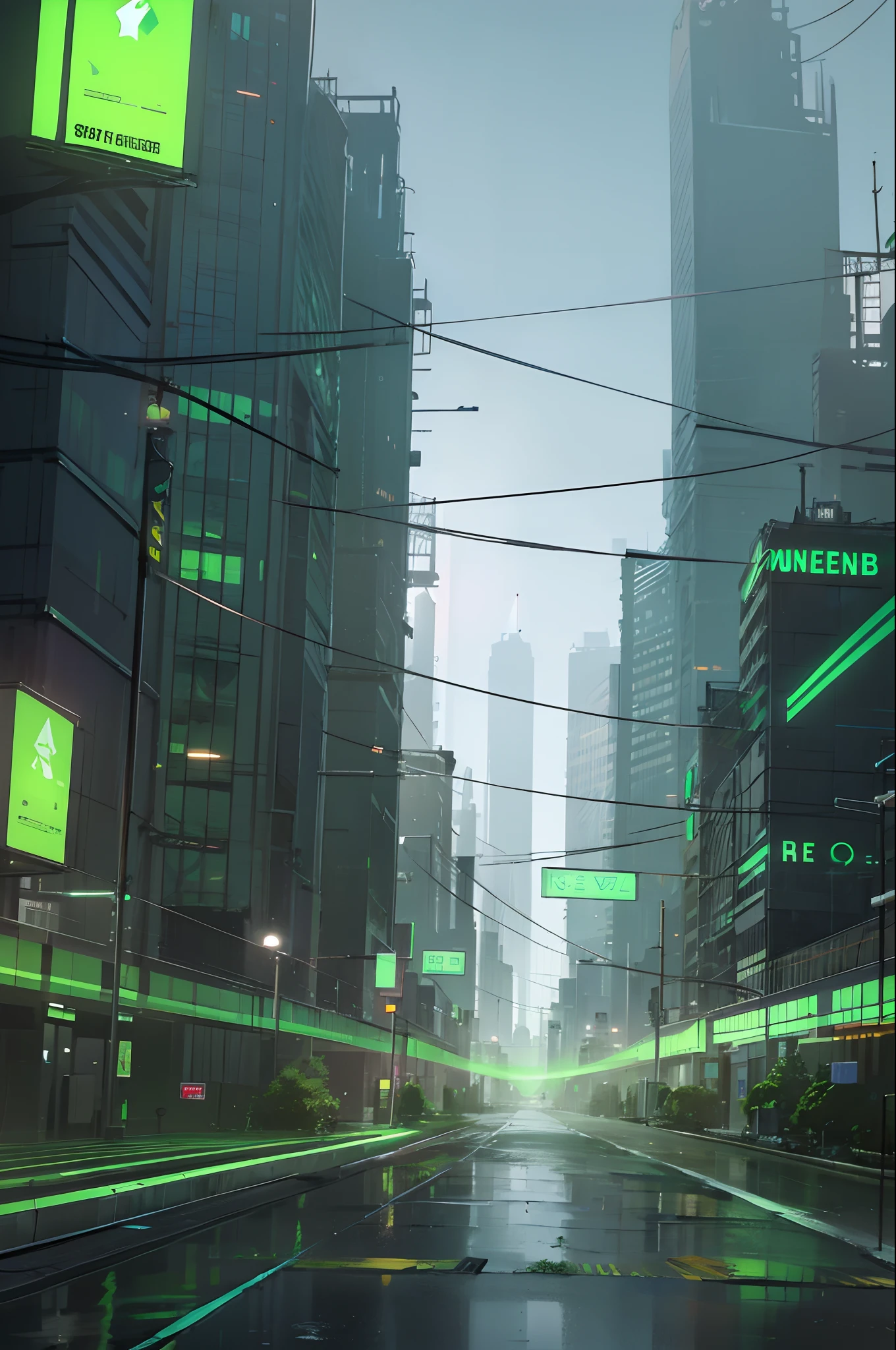 villes cyberpunk, lumières fluorescentes vertes, néons verts, réalité virtuelle web, --auto --s2