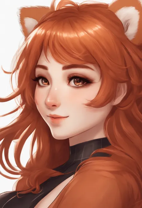 Draw for me a NSFW  Red Panda anime girl, with hair similar to Asuka Ninomiya but in Ginger color , her eyes are gentle eyes, color light brown almost orange but sparkly, her nose is small and mouth is small, she has 1 hair popping out on the top of her he...
