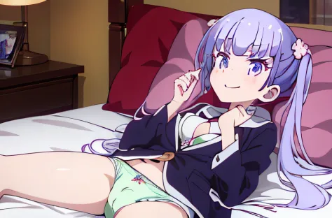 ((masutepiece)), ((Best Quality)), (Ultra-detailed), Anime style, Luxury bed, Cute little girl s, 1girl in, Solo,((Beautiful eyes)), large full breasts, wearing underpants, Smile