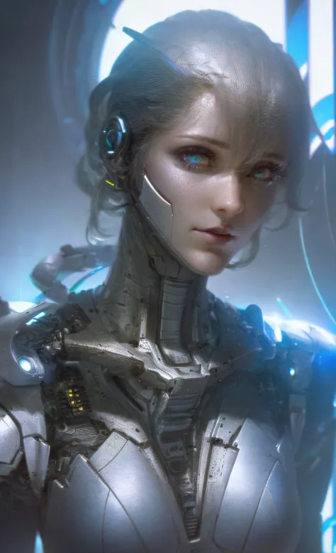 A woman，（editorial close-up portrait of cyber ghost）、hack、code、Cyborg、Sci-fi、Sharp focus、degrees of freedom、Bokeh、extremely deta...