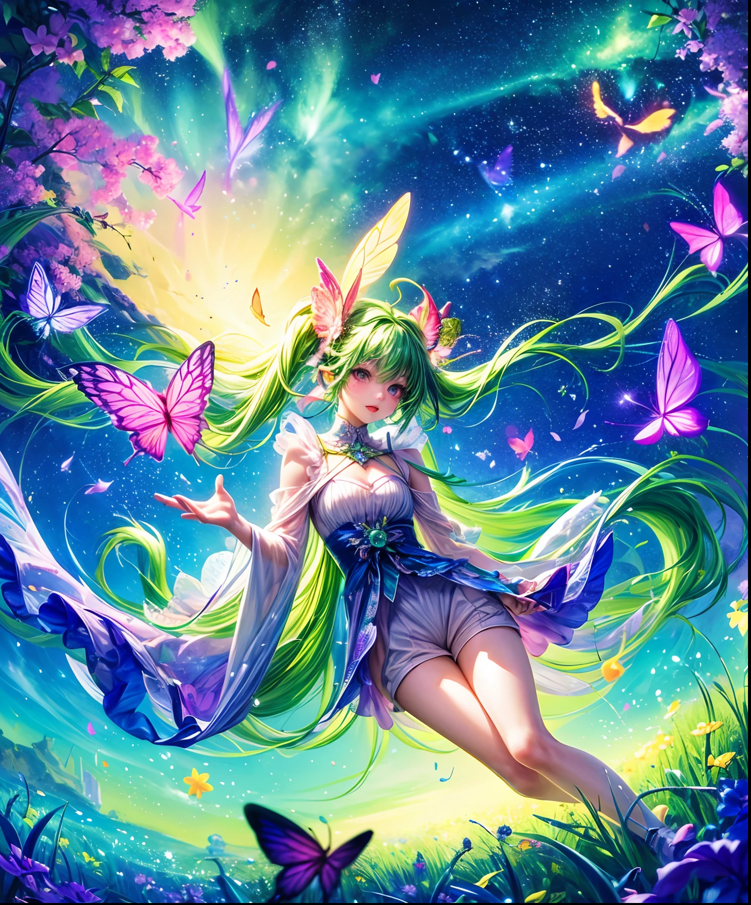 Cute girl characters、Green grass々Drawing a butterfly flying over the water, Looking up at the starry sky. Surround her with colorful nebulae and colorful forests.