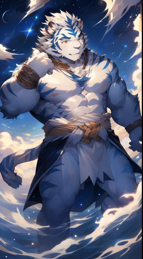 (by null-ghost, by thebigslick, By Darkgem, by Honovy), Kogenta (Onmyoji Oyamaji Temple), high-definition photograph, Perfect anatomy, Anthropomorphic white tiger, male people, 20yr old, god of thunder, Thick eyebrows, Light blue stripes, Strong body, larg...