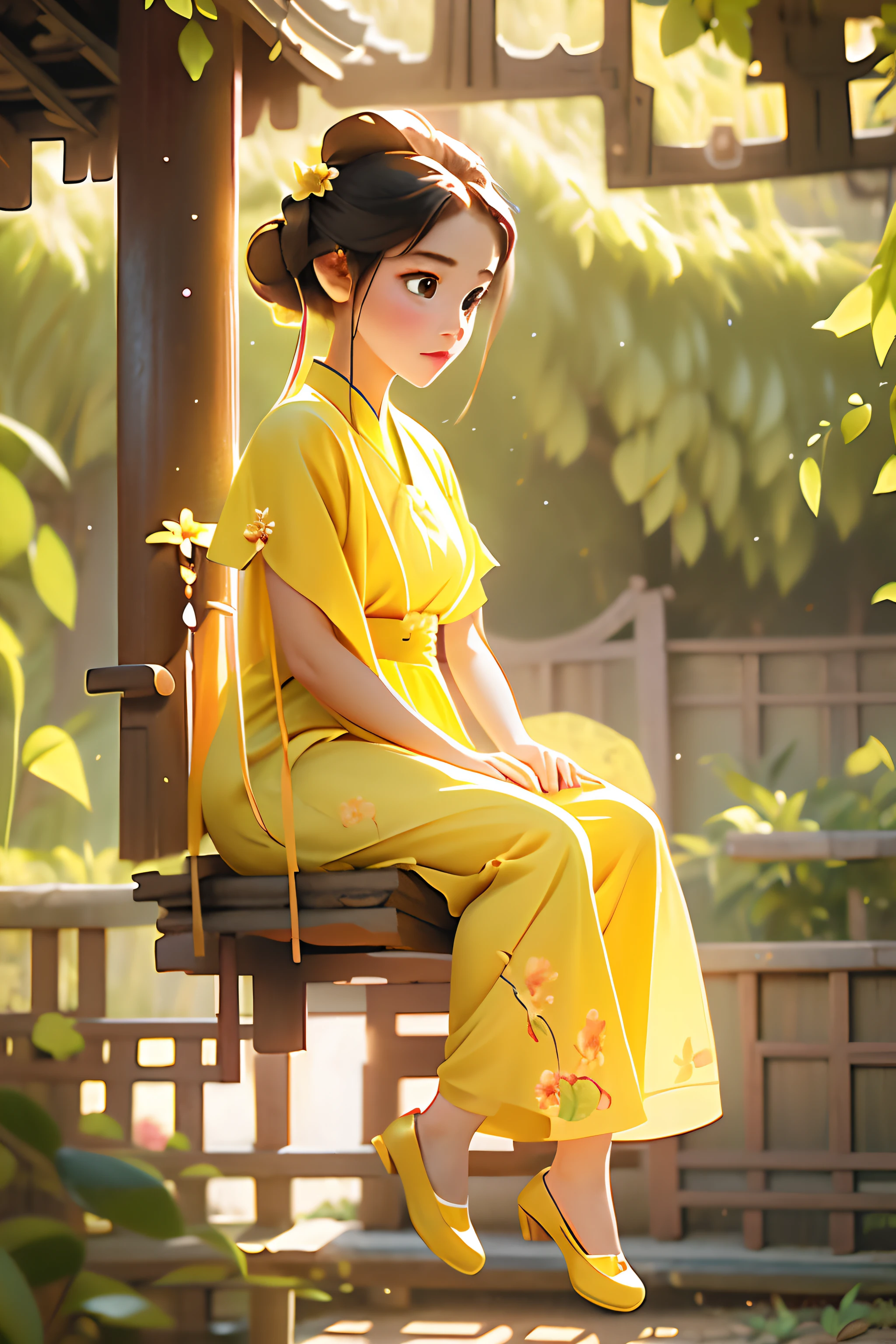 ブランコで遊ぶ美しい漢風の女の子の全身写真, 森の中で, 花のような短い黄色の渦巻き状のフロックを身に着けている, 魅力的なフェミニンなフォルム, 朝の光, ヴィンテージアニメ