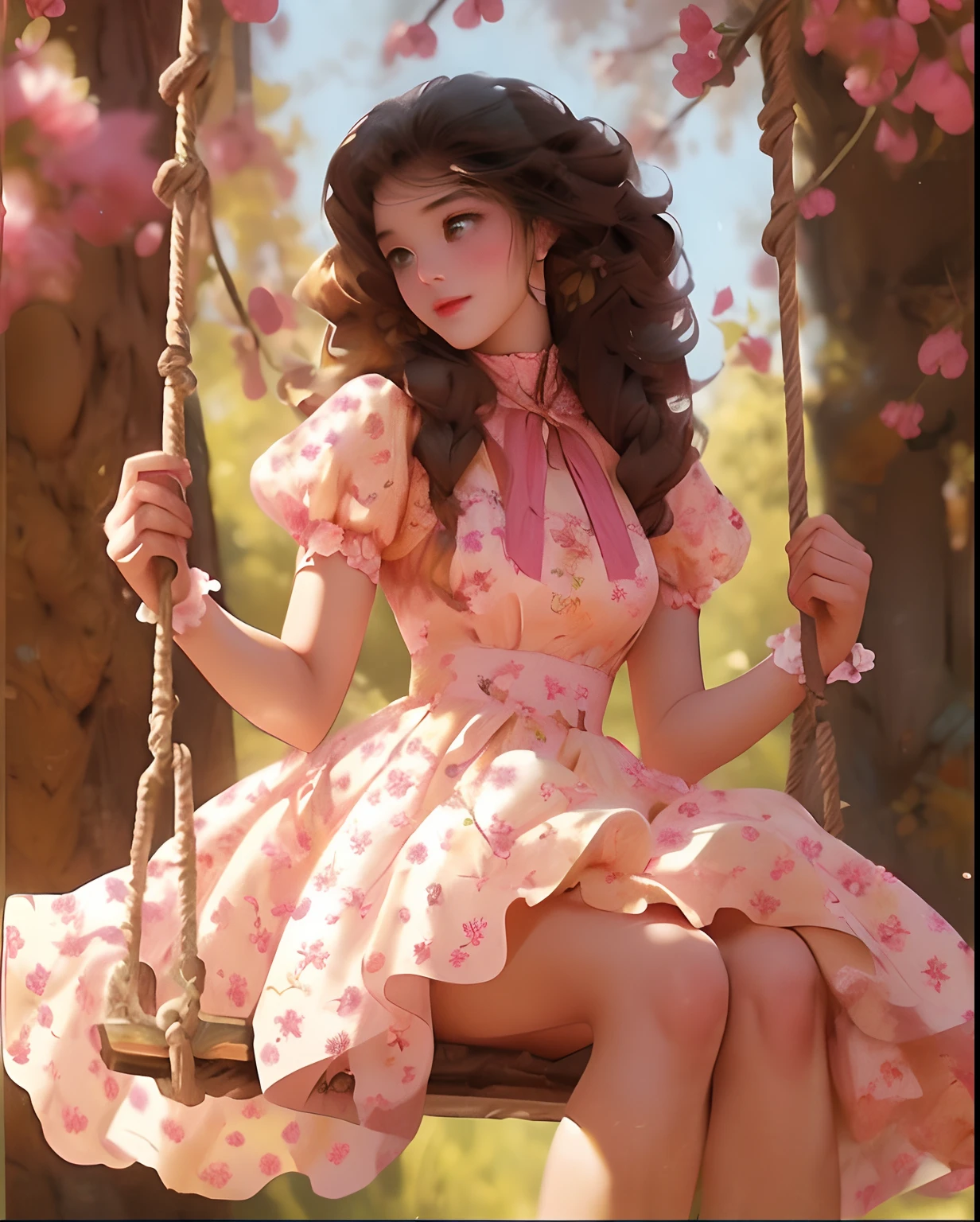 45-degree angle view Full body picture of a beautiful 25-year-old girl playing on a swing hanging in a lonely forest tree branch, wearing flowery short yellow color swirly frock, attractive feminine form with beautiful thighs, morning light, soft focus, glamour glow