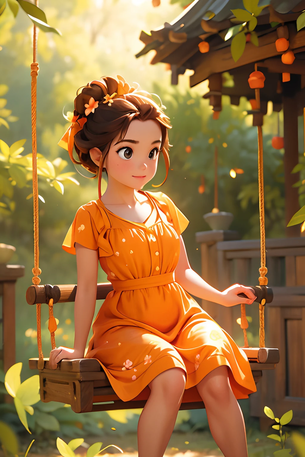 Beautiful girl playing on a swing, in a forest, wearing flowery short orange colour swirly frock, morning light