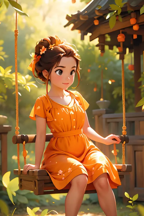 Beautiful girl playing on a swing, in a forest, wearing flowery short orange colour swirly frock, morning light