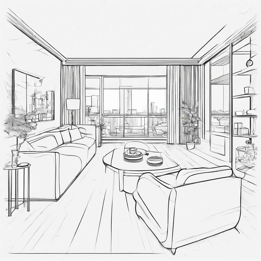 Small living room、Correct perspective、dessin au trait、outlines、Medium omission、unmanned、escala cinza