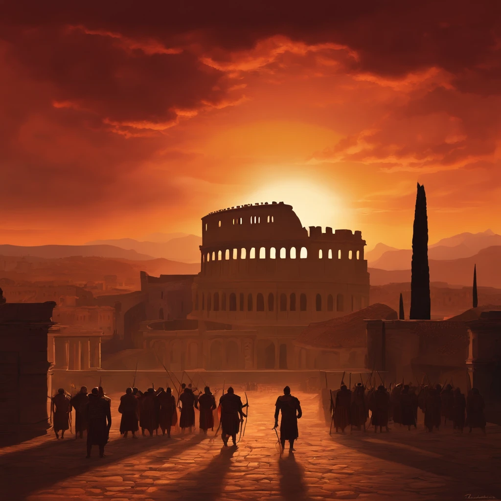 menacing fire engulfing ancient roman city. sunset. historic rome. 1st century. praetorians in distance. guerreiro spartacus, (((coliseum)), Cartoon, gladiator, give it a dark tone,