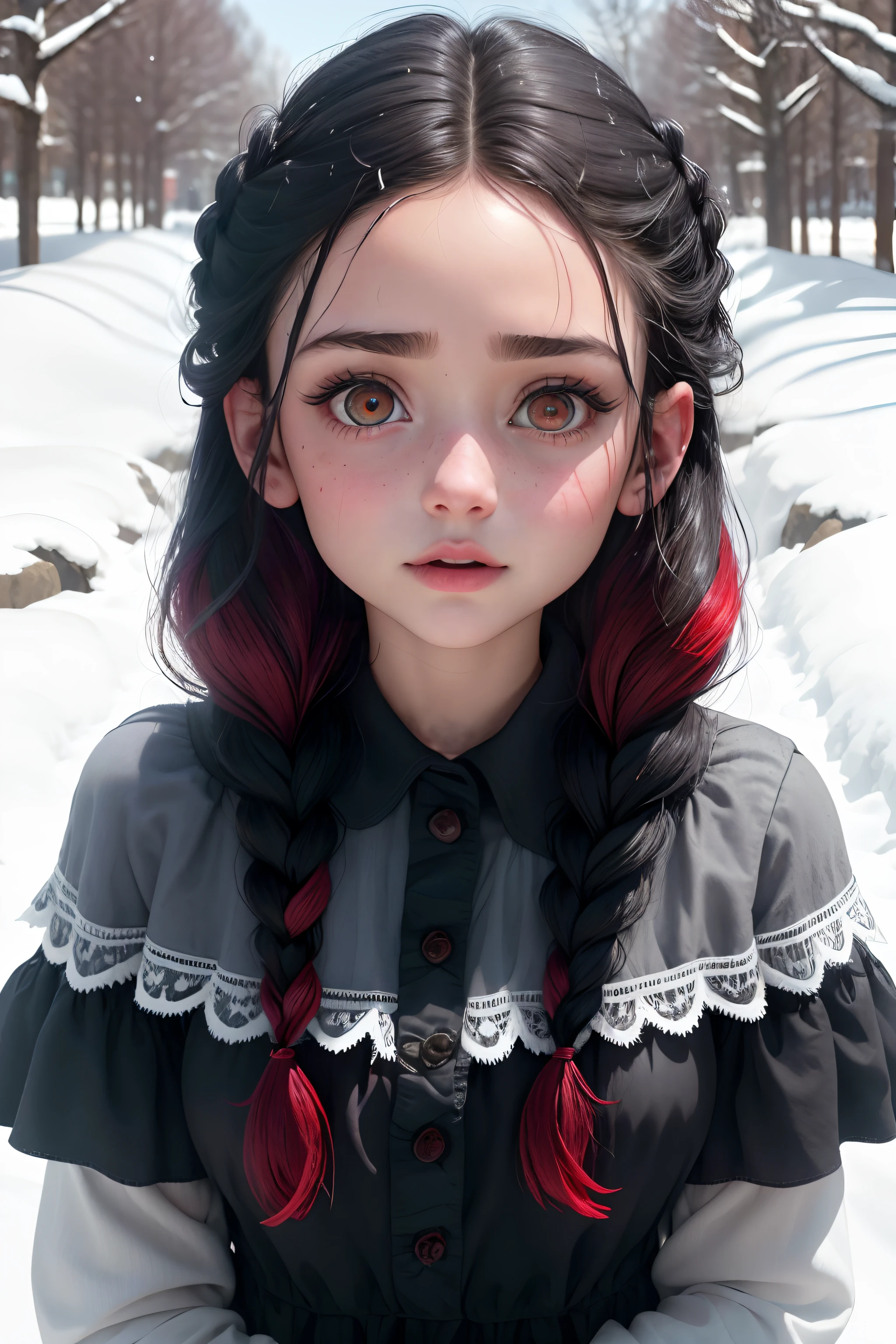 Elza's face frozen dark version girl 25 years old black hair red highlights "plaits", Eyes red (​masterpiece) black silk dress with lace and soft neckline and butterfly design on the dress, She's in the dark place of the snow (8k image photo reality