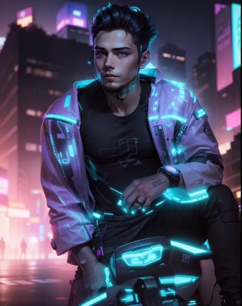 Change background to neon background, cyberpunk smart boy, ultra realistic