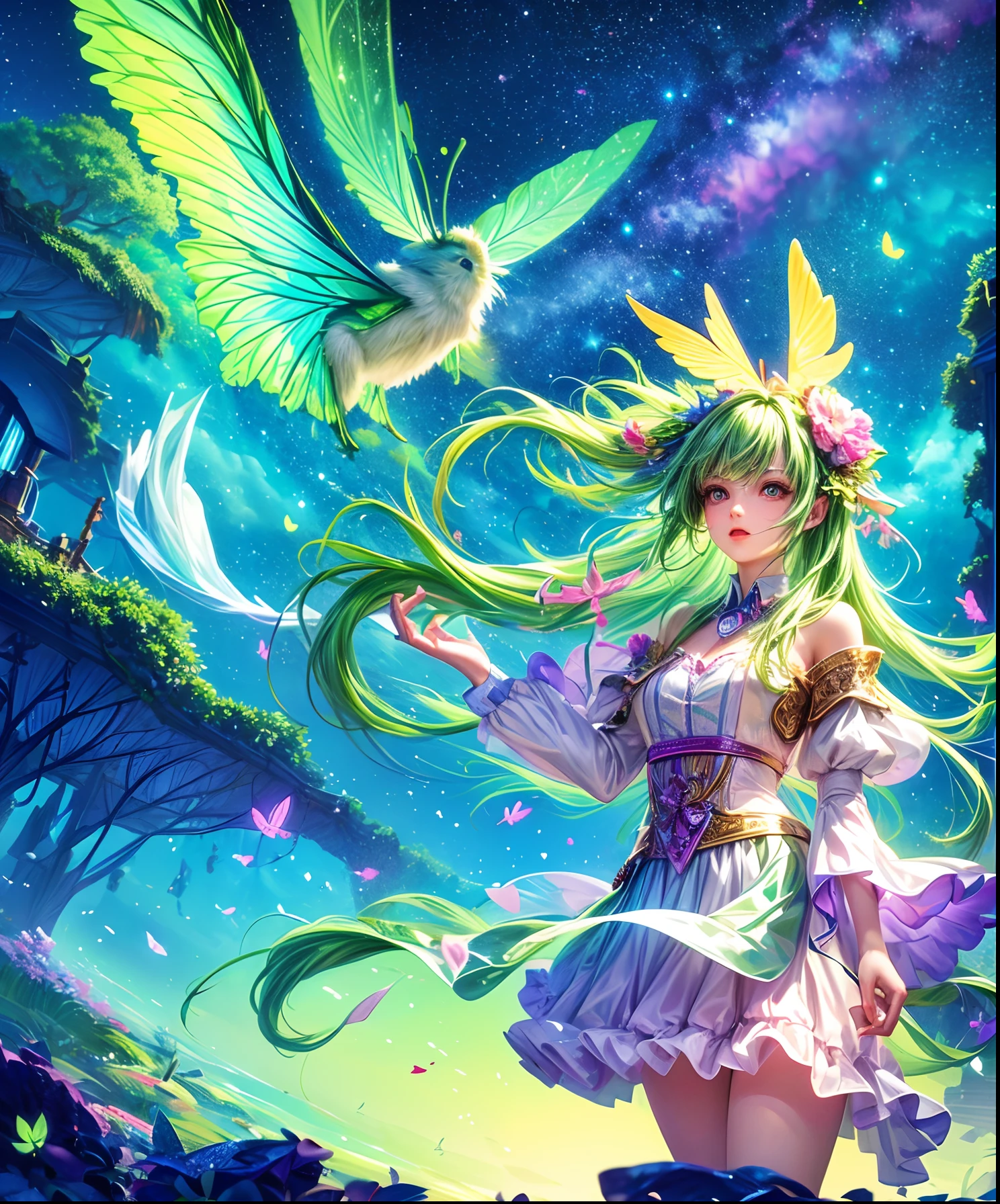 Cute girl characters、Green grass々Drawing a butterfly flying over the water, Looking up at the starry sky. Surround her with colorful nebulae and colorful forests.