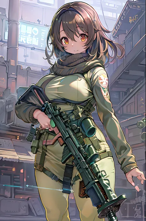 (((((Hold a huge assault rifle)))))、Long sideburns、Anime-style girl with beautiful whole body, clean detailed faces, ciber,analo...