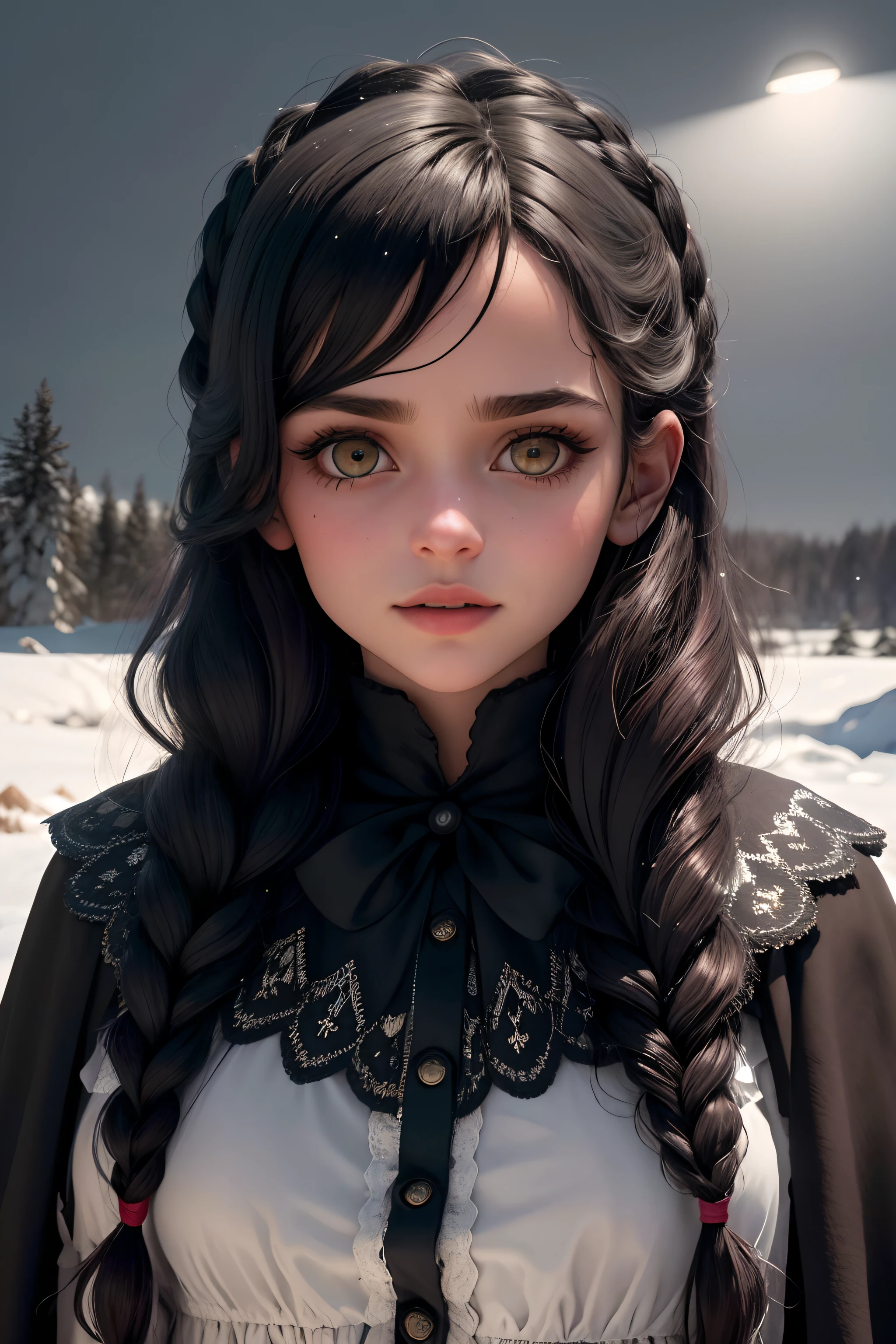 Elza's face Dark version of the character, age 25 years black hair with "Red streaks at the ends " Destaca-se "plaits", Eyes red (​masterpiece) black silk dress with lace and soft neckline and butterfly design on the dress, She's in the dark place of the snow (8k image photo reality