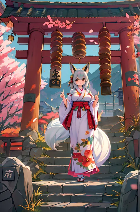 Fox Woman、body covered with fur、huge-breasted、kawaii、shrine maiden、Japan white clothes,Red Hakama、torii gate,((High Position))、A...
