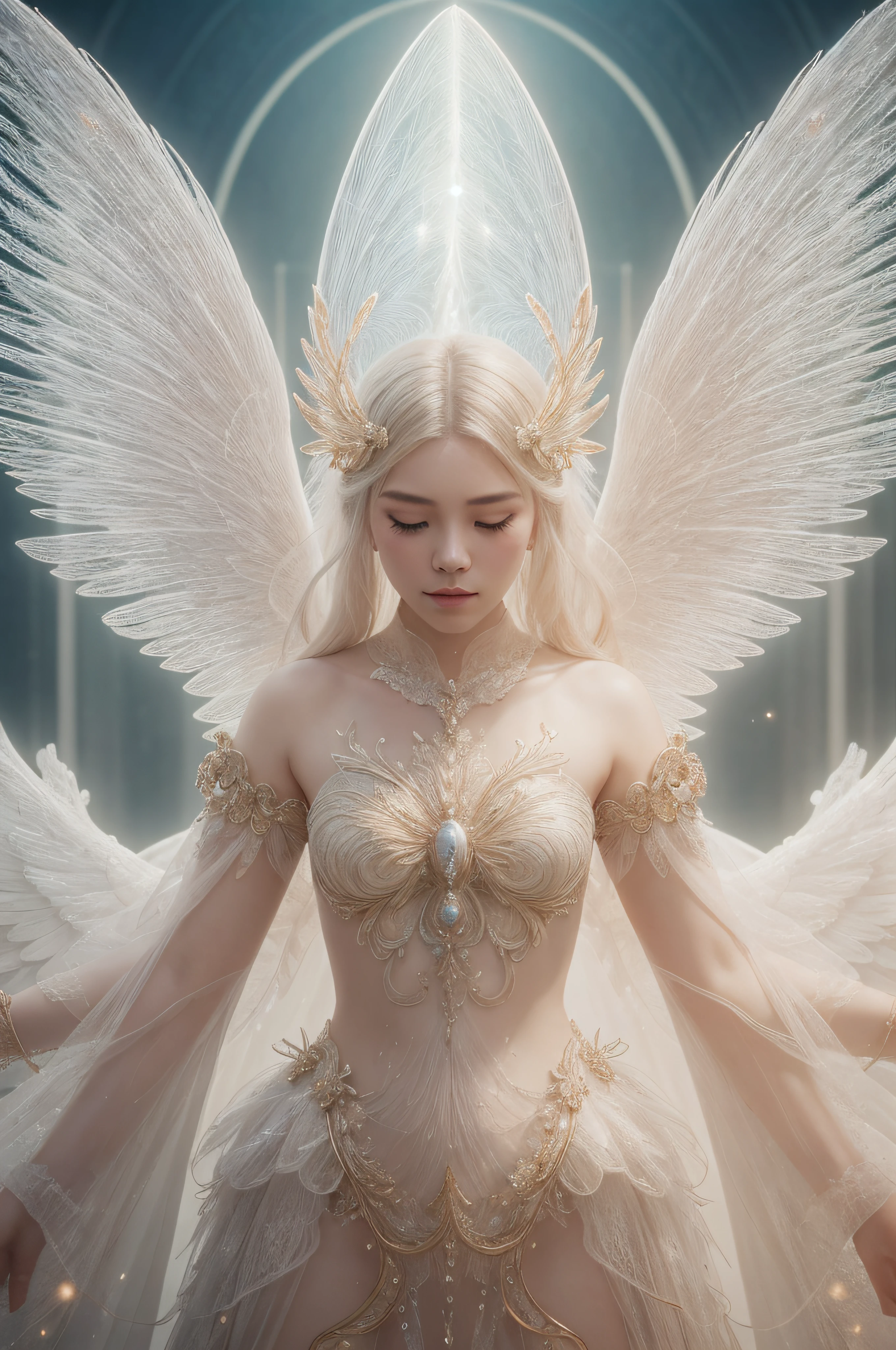 A angelic mythical creature with spreading arms with glowing intricate transparent wings, symetrical hyperdetailed texture, pearl filigree, concept art, artstation, alice x. zhang, Andreas lie, perfect composition, masterpiece, glittering professional photography, macro, natural lighting, canon lens, shot on dslr 64 megapixels sharp focus ethereal